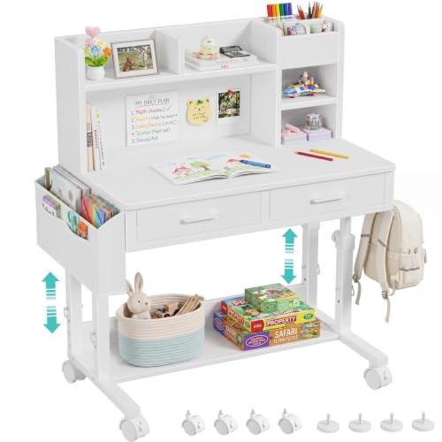 Height Adjustable Kids Study Desk with Hutch, Storage Drawers & Pin Board