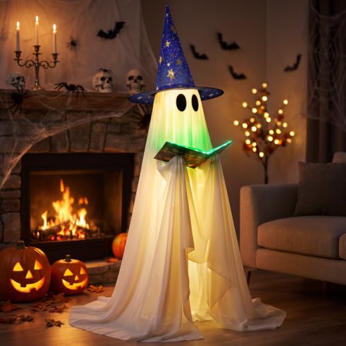 53-Inch Standing Halloween Ghost Decoration with Witch Hat & Glowing Book