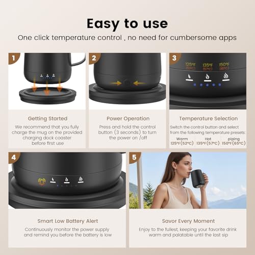 Fexqic Black Smart Self-Heating Coffee Mug 14oz with Temperature Control