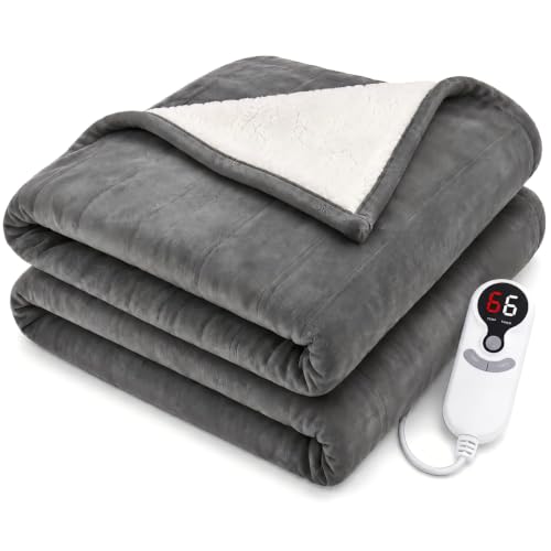 Electric Heated Throw Blanket, 50x60 Flannel and Sherpa, Light Gray