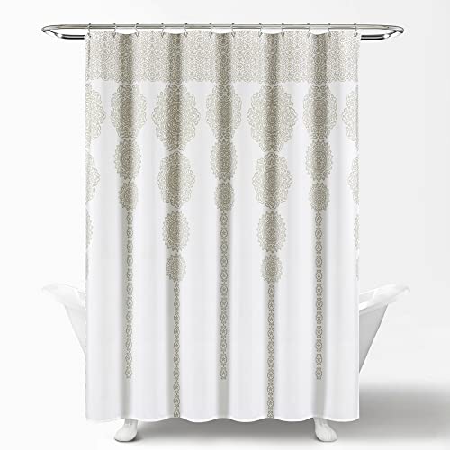 Lush Decor Stripe Medallion Shower Curtain-Fabric Mandala Bohemian Damask Print Design, 72" x 72", Neutral