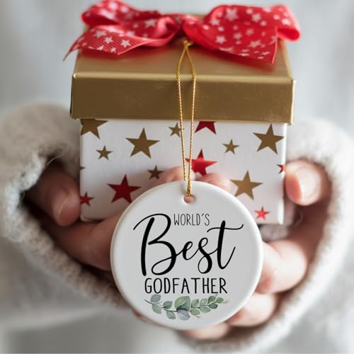 Dimurela Leaf Godfather Christmas Ornament - 3in Ceramic Keepsake, Rustic Thank You Gift