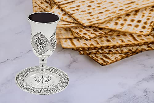Silver-Plated Tall Kiddush Cup with Grape Design - Shabbat Wine Goblet