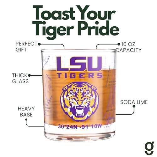 Louisiana State University Tigers Whiskey Glasses Set of 2 - Full-Color Campus Map, 10 oz Rocks Glasses - Officially Licensed Fan Gift