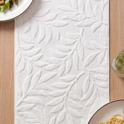 White Cotton 3D Jacquard Leaves Table Runner 13x72 Inch for Dining & Holiday Decor