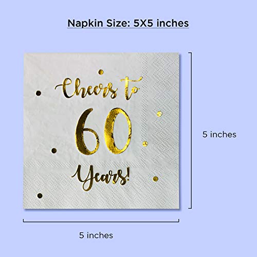 White Cheers to 60 Years Cocktail Napkins | 50-Pack, 3-Ply, 5x5 Inch | Happy Palace