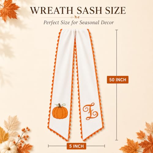 Halloween Pumpkin Wreath Sash - Fall Front Door Decor with Embroidered Trim