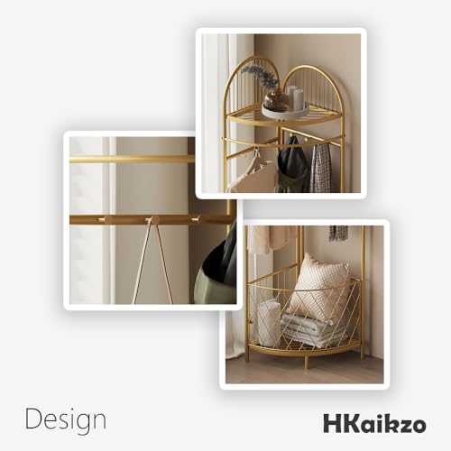 Gold Corner Coat Rack with Storage Basket and 6 Hooks for Entryway