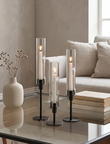 Sziqiqi Set of 6 Black Hurricane Candle Holders with Wax Catchers & Tiered Heights