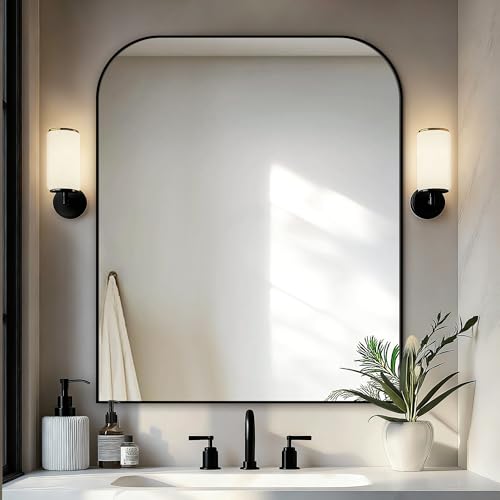 36x30 Inch Rounded Rectangle Bathroom Mirror, Black Metal Frame Wall Mirror