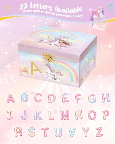 Unicorn Musical Jewelry Box for Girls with Spinning Doll - Letter A