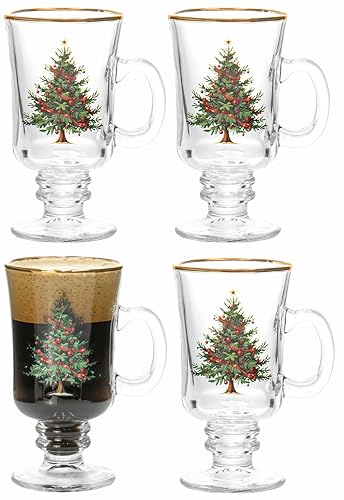 Red Co. Set of 4 Christmas Tree Glass Tumblers with Gold Rim, 8oz Holiday Drinkware
