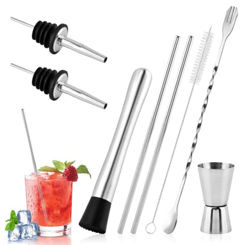 8-Inch Stainless Steel Cocktail Muddler, 10-Inch Mixing Spoon & 2.76-Inch Jigger Bar Tool Set