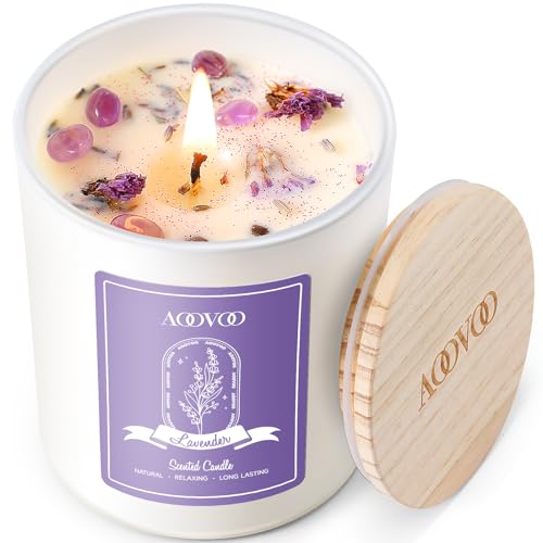 Lavender Scented Soy Candle with Crystals & Dried Flowers - 10oz Aromatherapy