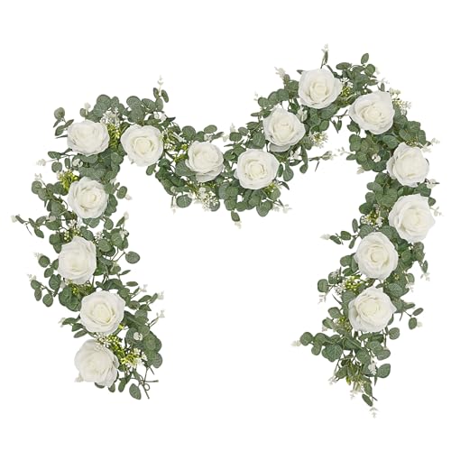 2Pcs 13Ft Eucalyptus Garlands with 8 White Roses - Faux Floral Decor for Weddings and Events