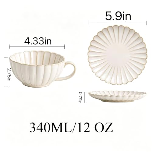 Vintage Floral 12oz Ceramic Coffee Cup & Saucer Set - Farmhouse Latte Mug for Espresso & Tea