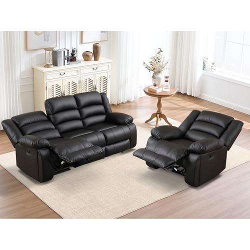 3-Seat Faux Leather Manual Recliner Sofa with Overstuffed Cushions