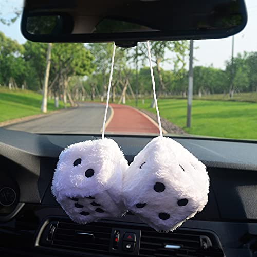 3-Inch Plush Fuzzy Dice for Car Rearview Mirror - Black and White