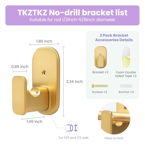 Self-Adhesive Curtain Rod Brackets - No Drill Gold Hooks for 5/8" Rods