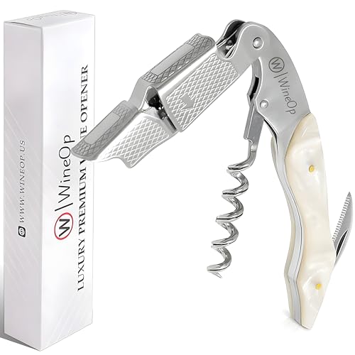WineOp White Resin Double Hinged Waiter's Corkscrew Wine Opener - Professional Stainless Steel Bottle Key