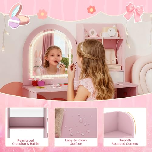 Kids Vanity Set with Lighted Mirror, Drawer, and Chair - Pink Dressing Table