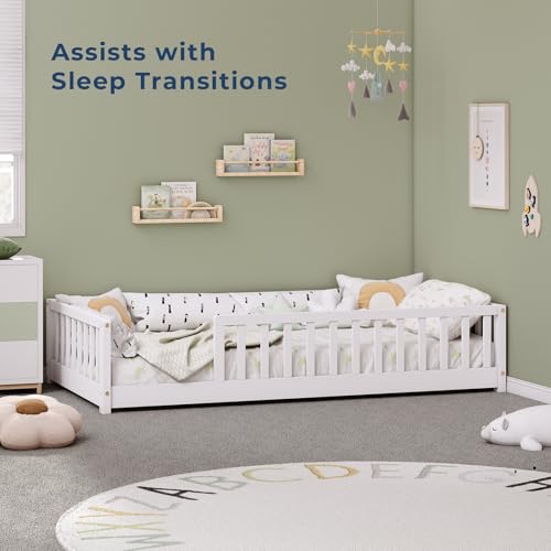 Twin Montessori Floor Bed Frame with Guardrails, Solid Wood Kids Bed