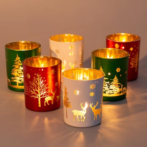 Christmas Glass Votive Candle Holders Set of 6 - Festive Tealight Holders