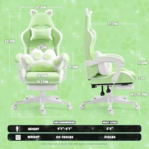 Ergonomic Cat Ear Gaming Chair with Footrest and Lumbar Support - Green