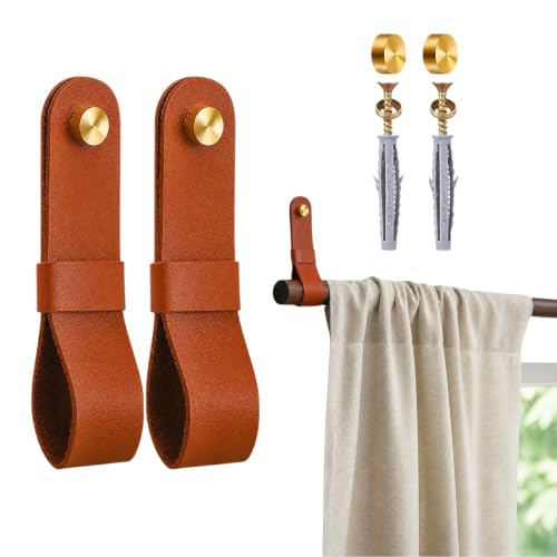 2PCS PU Leather Curtain Rod Holders, Wall Mounted Boho Strap Brackets