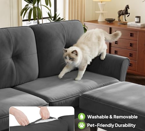 83-Inch Velvet L-Shaped Sectional Sofa with Ottoman for Small Living Rooms