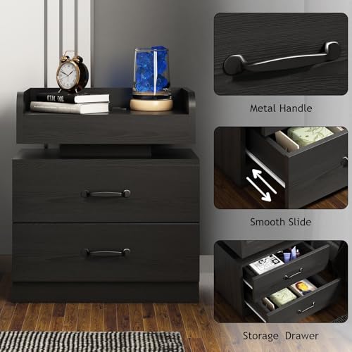 Modern LED Nightstand with Charging Station and 2 Drawers, Black