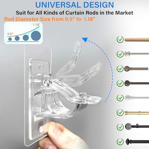 No-Drill Self-Adhesive Curtain Rod Holders, Clear Stick-On Brackets (6-Pack)