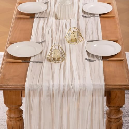 Ivory White 13ft Boho Cheesecloth Table Runner 6 Pack - Rustic Elegant Decor
