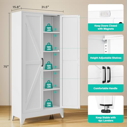 75" Tall Kitchen Pantry Cabinet - White Metal Farmhouse Storage Cupboard