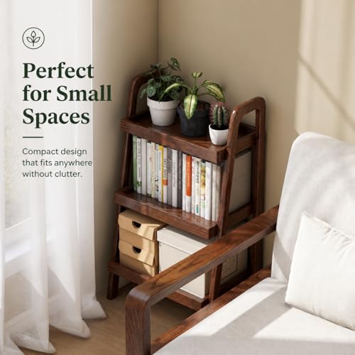 3 Tier Solid Oak Ladder Bookshelf, Compact Wood Storage Display Shelf