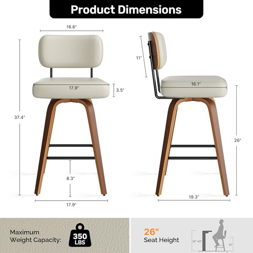 26-Inch Swivel Counter Height Bar Stools, Set of 4, Faux Leather Mid-Century