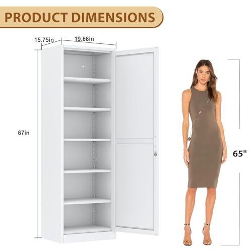 Tall Metal Narrow Storage Cabinet with 5 Shelves and Lockable Doors, 67-Inch