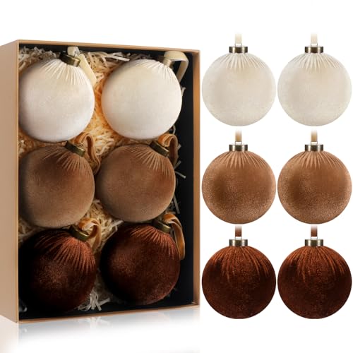 Christmas Velvet Ball Ornaments - Beige, Light Brown & Dark Brown, 4 Inches, 6 Pack