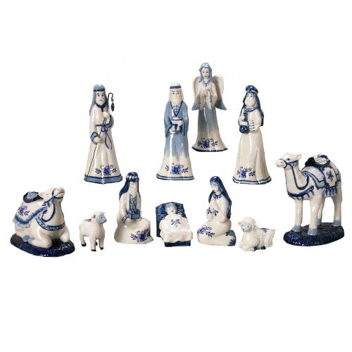 Porcelain Delft Blue 11-Piece Nativity Set - Classic Christmas Scene