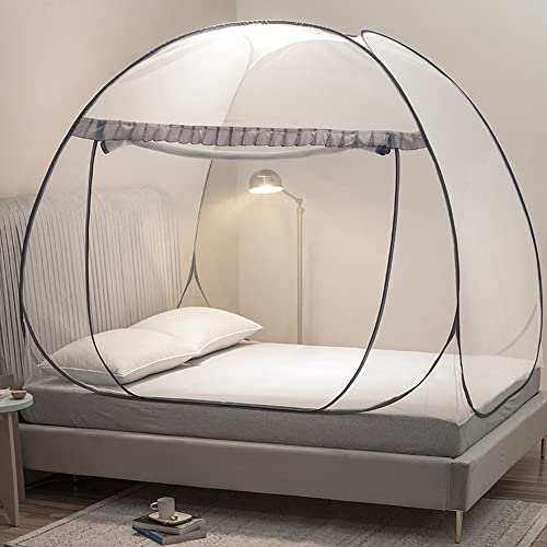 Pop-Up Mosquito Net Bed Tent - Fully Enclosed Canopy (Full/Queen, Gray)