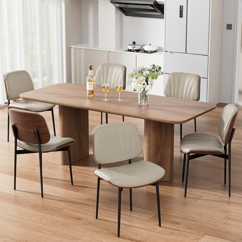 Mid-Century Modern Dining Chairs Set of 6, Upholstered PU Leather with Walnut Back