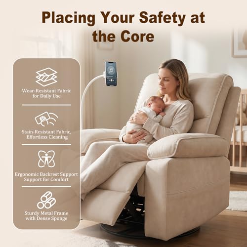 Oversized Swivel Glider Rocking Chair with Phone Holder & Recliner, Beige