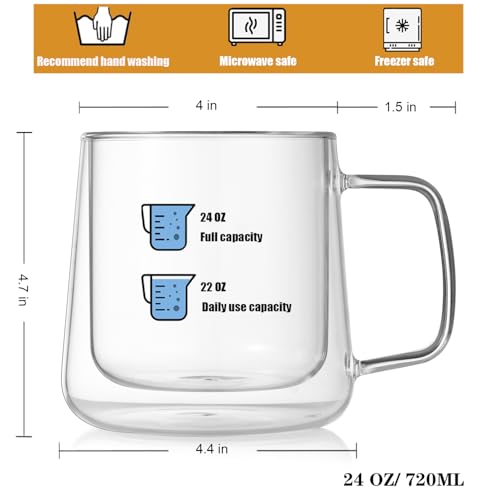 BNUNWISH 24OZ Double Wall Glass Coffee Mug Set of 2 - Insulated Clear Tea & Beer Cups