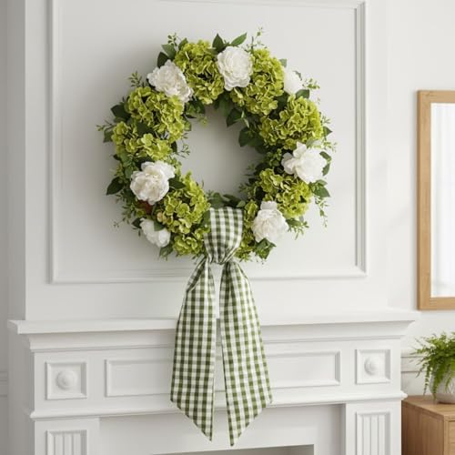 Green & White Plaid Wreath Sash for Front Door - Spring Farmhouse Decor