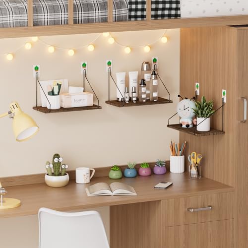 Rustic Paulownia Wood Floating Shelves - Set of 3, No-Drill Wall Storage