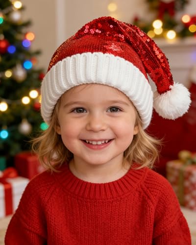 Baby Knit Santa Hat with Sequins and Pom Pom - Christmas Toddler Hat for 0-4 Years