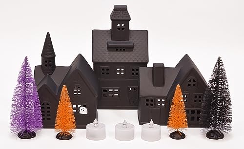 Mark Feldstein Black Porcelain Haunted Halloween Village Set – 10 Piece