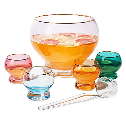 Colorful 1.7 Gallon Glass Punch Bowl Set with 4 Glasses and Ladle