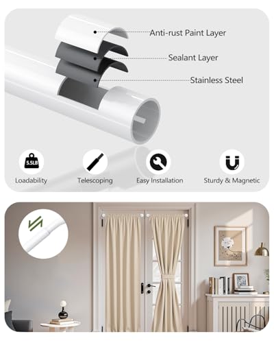 Adjustable Magnetic Curtain Rods for Metal Doors, 18 to 30 Inch, 2 Pack