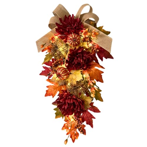 24-Inch Lighted Fall Teardrop Swag with Timer, Pumpkins and Burlap Bow